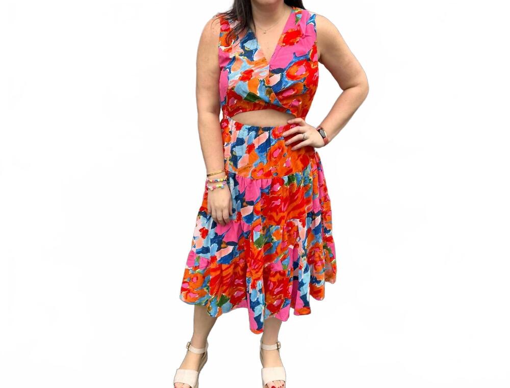 NEW ENTRO print sleeveless v-neck midi dress in orange floral